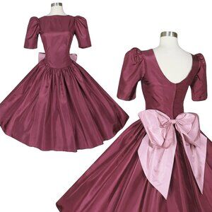 Vintage 80s Burgundy Pink Bow Puff Sleeve Full Skirt Prom Party Prom Dress S